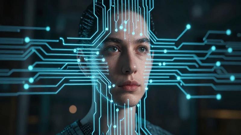 Esquema Hombre Máquina: La interacción entre humanos y tecnología 6 Retrato estilizado con circuitos luminosos y luz cinematográfica