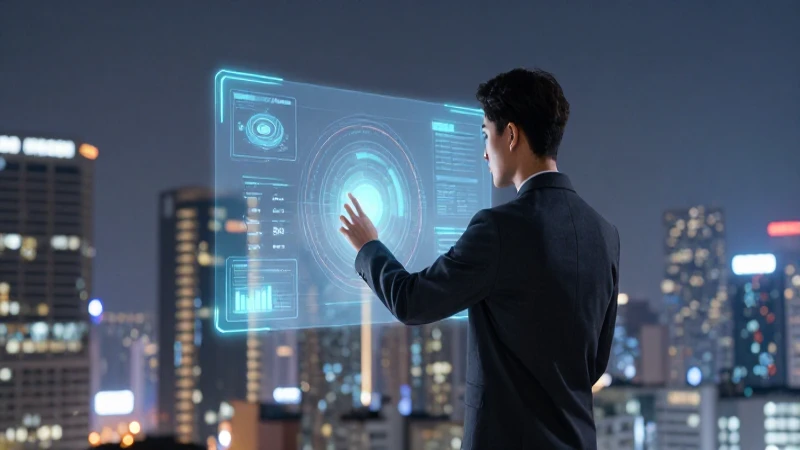 Esquema Hombre Máquina: La interacción entre humanos y tecnología 5 Figura humana interactúa con holograma futurista
