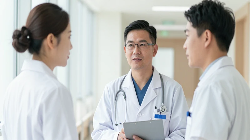 Profesionales médicos conversan en pasillo iluminado