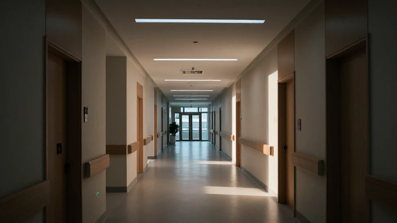 Iluminación volumétrica en pasillo hospitalario cinematográfico