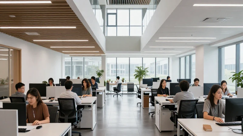 Oficina moderna con luz y colaboración diversa