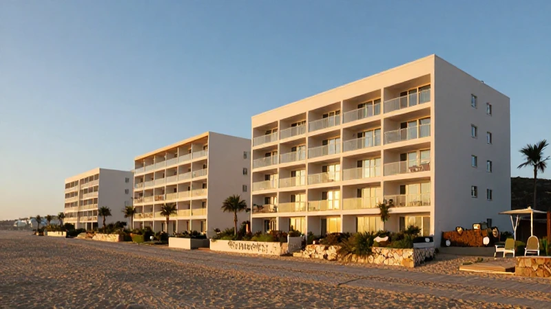 Resort moderno al atardecer junto a la playa