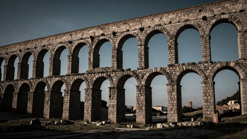 Acueducto romano en ruinas, obispo solitario
