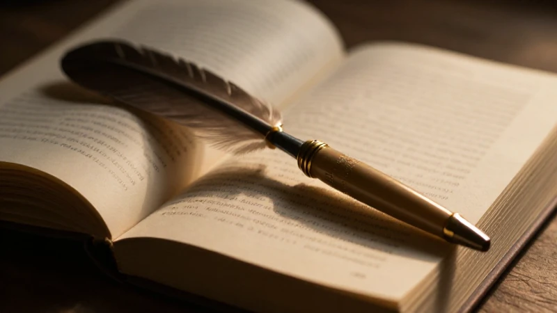 Libro abierto iluminado con pluma cerca