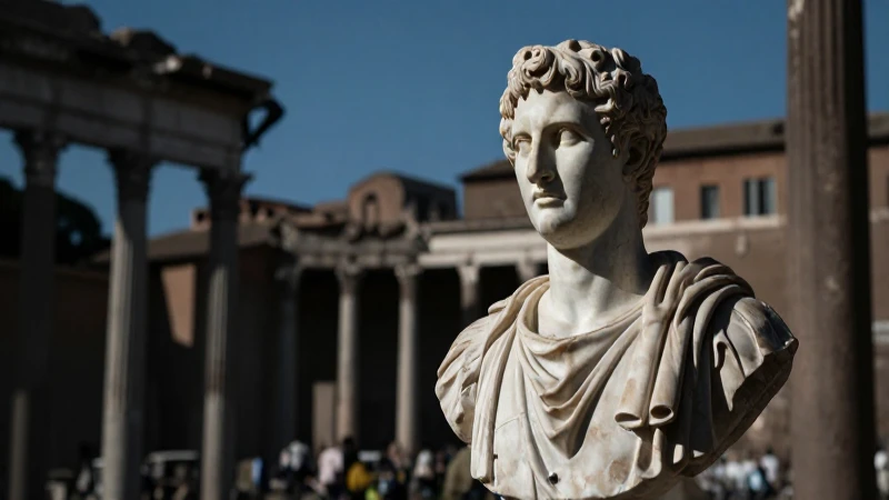 Cuál fue la duración y línea de tiempo del Imperio Romano 4 Busto de Augusto con ruinas cinematográficas