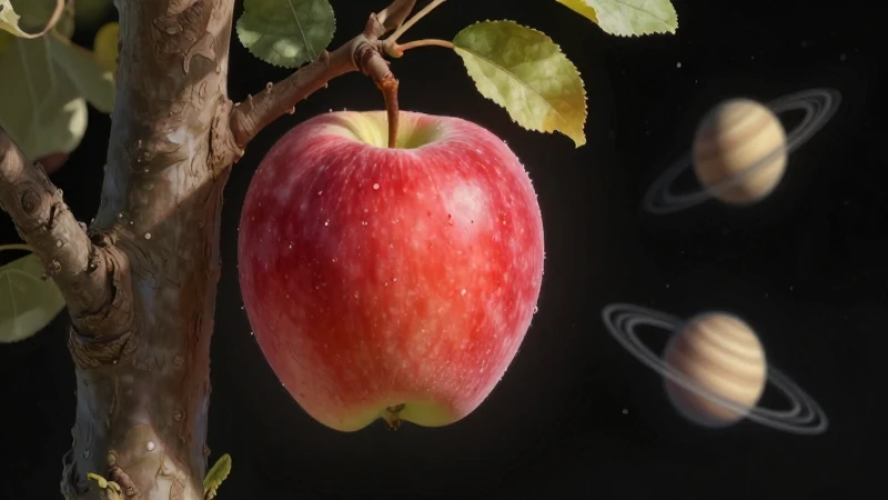 Manzana cayendo bajo luz suave e ilustrada