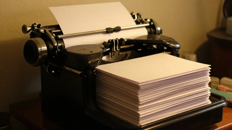 Máquina antigua, papel apilado e iluminación cálida