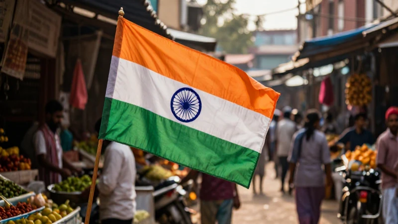 Bandera india, mercado animado, iluminación cálida