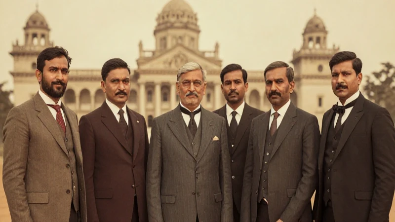 Hombres indios formales ante arquitectura colonial