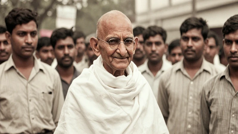 Gandhi ante multitud, luz suave, foto antigua