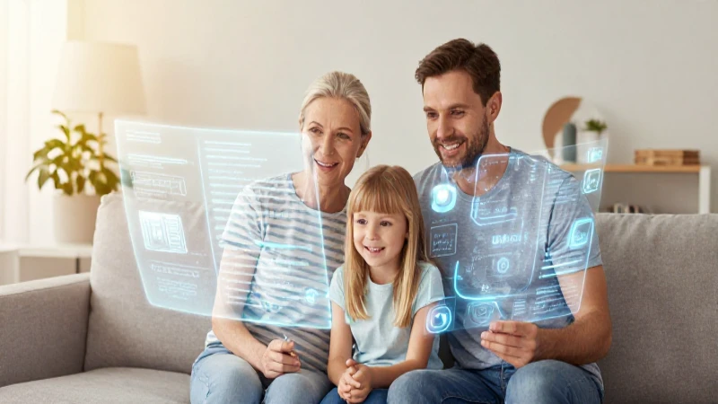 Familia sonriente bajo hologramas y luz cálida