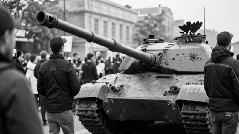 Manifestantes frente a tanques, imagen documental