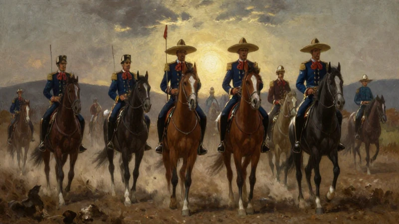 Pintura al óleo: soldados franceses y caballería mexicana