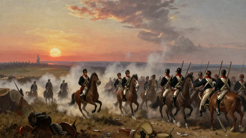 Invasión Francesa a España: Línea del Tiempo y Resumen Clave 7 Batalla histórica al atardecer, infantería y caballería