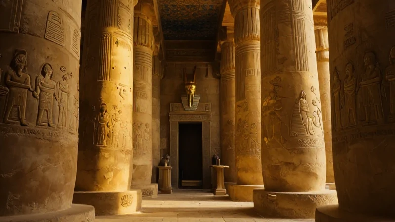 Faraón, visir, oro, columnas, drama monumental