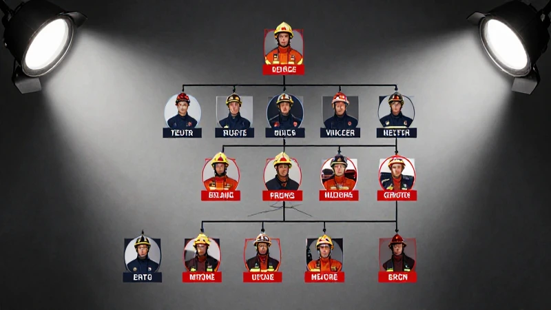 Diagrama jerárquico de bomberos con iluminación dramática