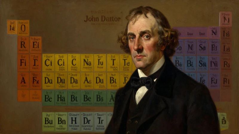 Retrato de Dalton con tabla periódica iluminada