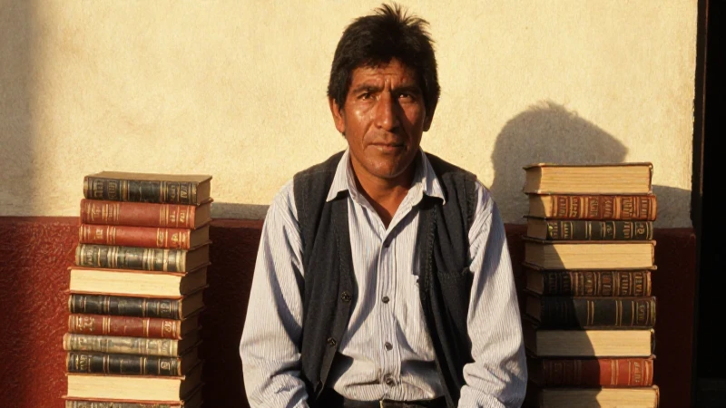 José María Arguedas: Línea de Tiempo de su Vida y Obra 8 Hombre peruano, libros, luz dorada cálida