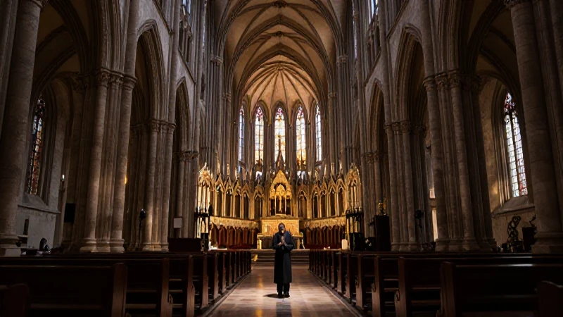Interior gótico, figura nativa reza, claroscuro dramático