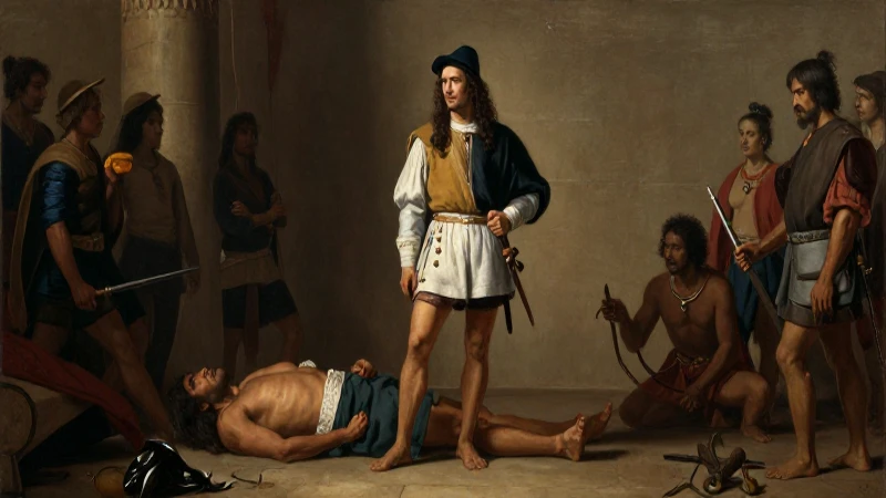 Conquistador domina a nativo bajo luz dramática
