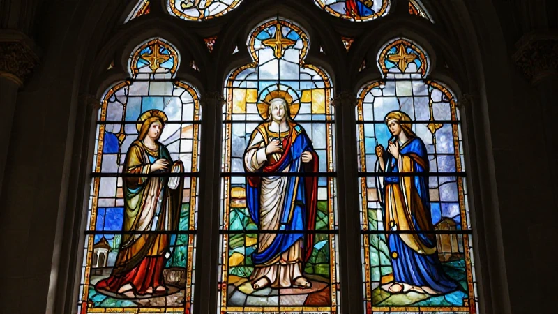 Vitral barroco iluminado con luz cinematográfica