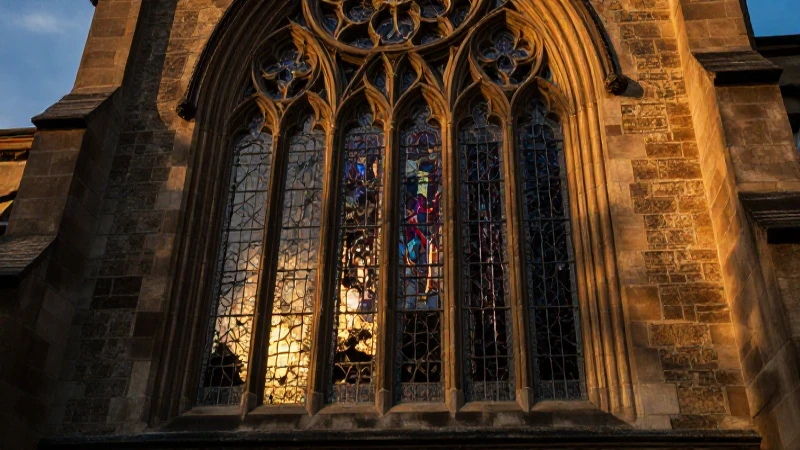 Fachada de iglesia, luz dorada, reflejos dramáticos