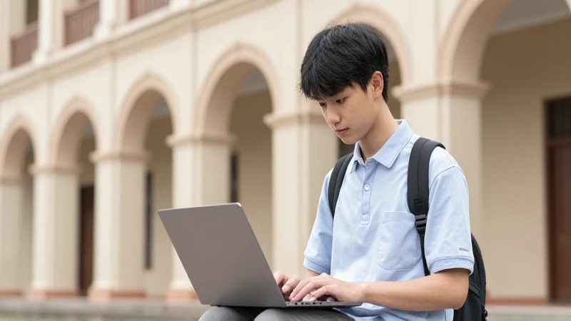 Estudiante con portátil en arquitectura colonial