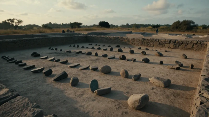 Herramientas de piedra, sitio arqueológico, luz cinematográfica