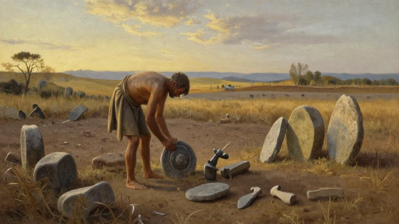 Agricultor neolítico labrando tierra al atardecer