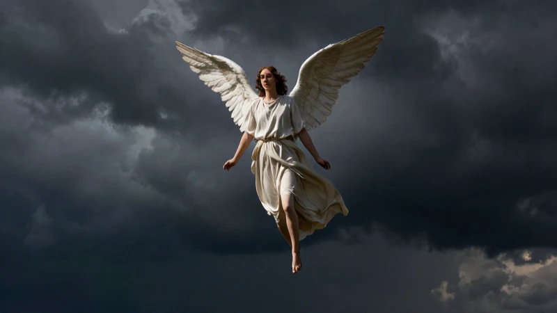 Ángel desciende bajo cielo tormentoso