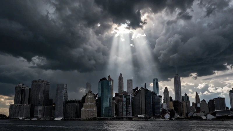 Ciudad devastada bajo tormenta dramática