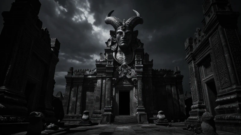 Ruinas sombrías, figura cornuda, luz cinematográfica