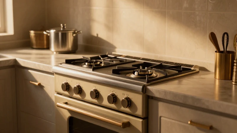 Estufa antigua en cocina futurista iluminada