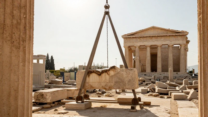 La historia de la polea: evolución y líneas de tiempo clave 3 Construcción griega antigua con polipastos y sol