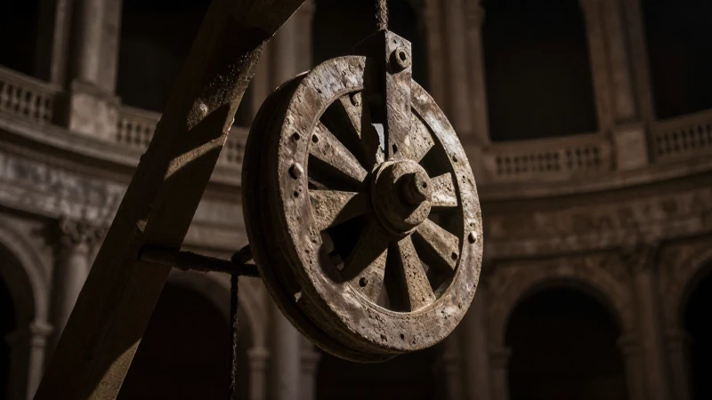 La historia de la polea: evolución y líneas de tiempo clave 9 Poleas antiguas bajo arquitectura romana e iluminación dramática
