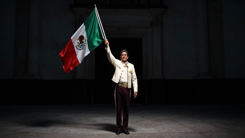 Líder revolucionario mexicano ondea bandera dramáticamente