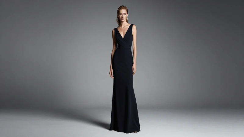 Vestido elegante, estudio minimalista e iluminación dramática