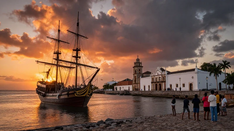 Línea del tiempo sobre la llegada de los españoles 3 Barco español frente a costa al atardecer