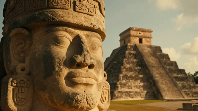 La llegada del hombre a América: Línea del tiempo histórica 5 Cabeza olmeca con pirámide maya dorada