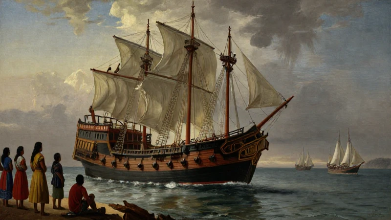 La llegada del hombre a América: Línea del tiempo histórica 6 Galleón español y nativos observan la llegada