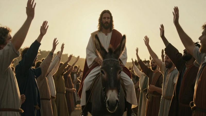 Jesús cabalgando, multitudes vitoreaban al atardecer