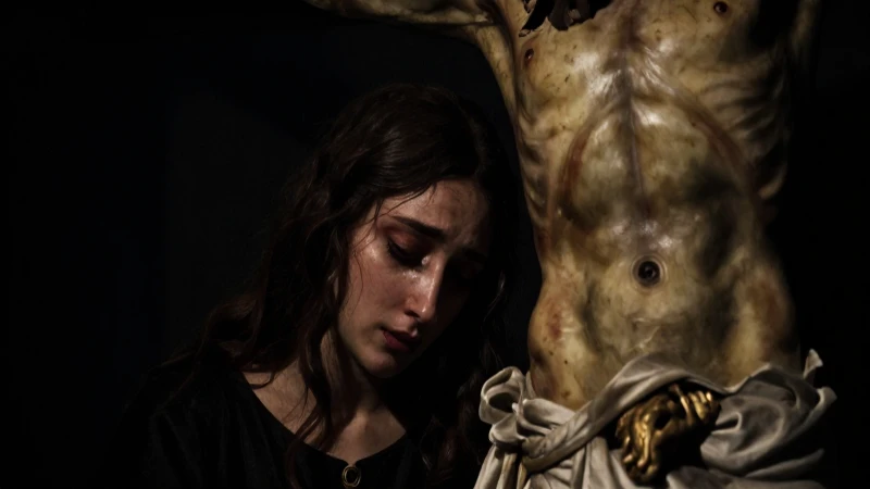 Cristo crucificado bajo sombra oscura y triste