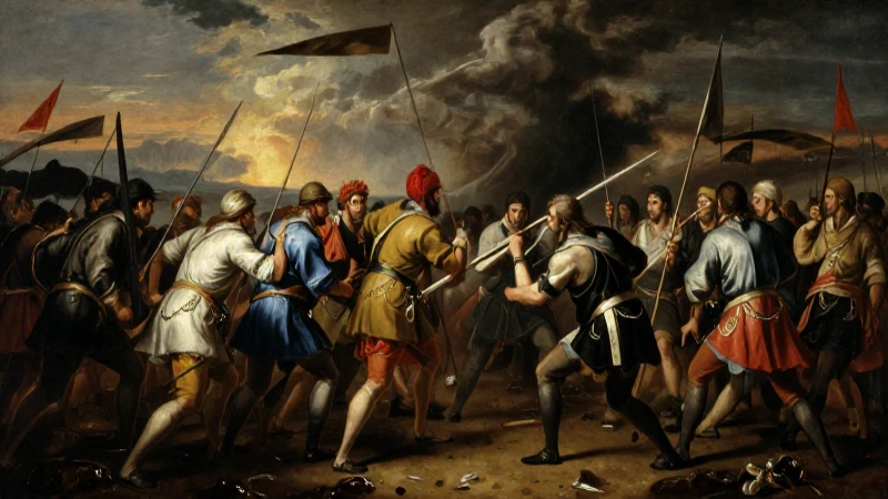 Pintura histórica con batalla e iluminación dramática