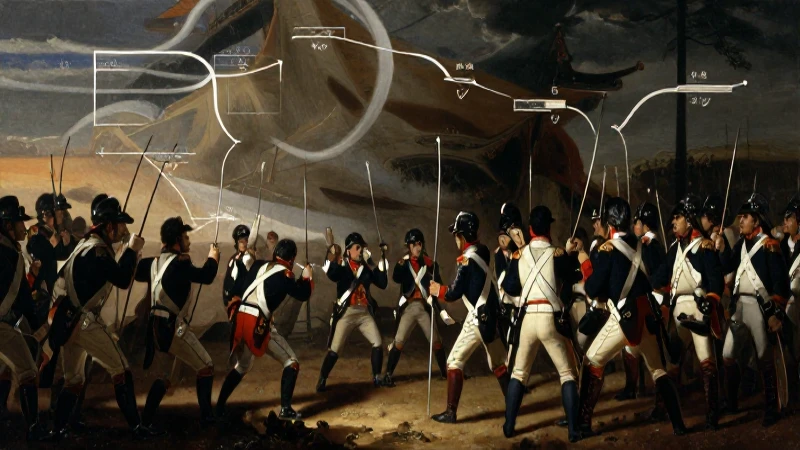 Batalla retratada con claroscuro y soldados coloniales