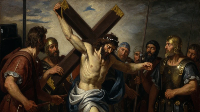 Cristo carga la cruz bajo luz dramática