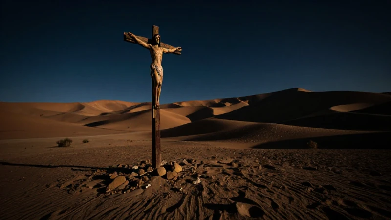 Cristo en desierto, luz contrastada, perspectiva baja