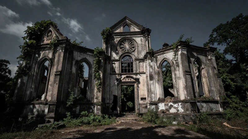 Ruinas añejas, sombrías y cubiertas de hiedra