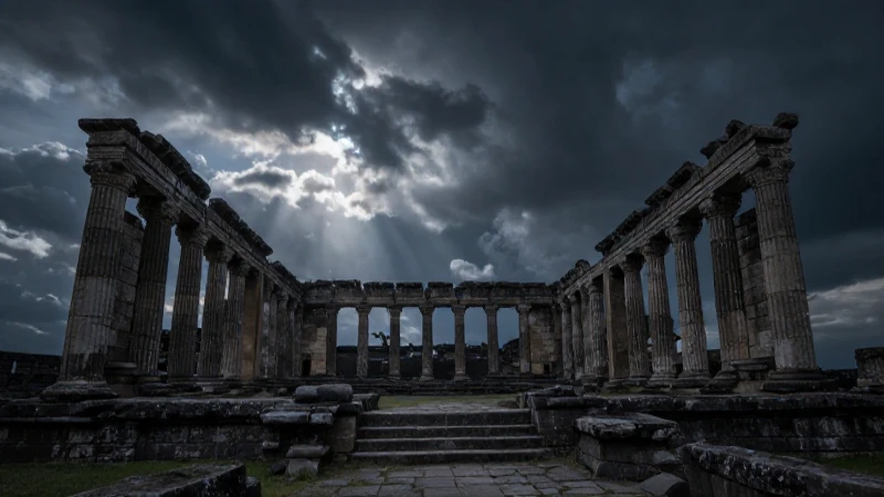 Ruinas antiguas bajo cielo dramático y misterioso
