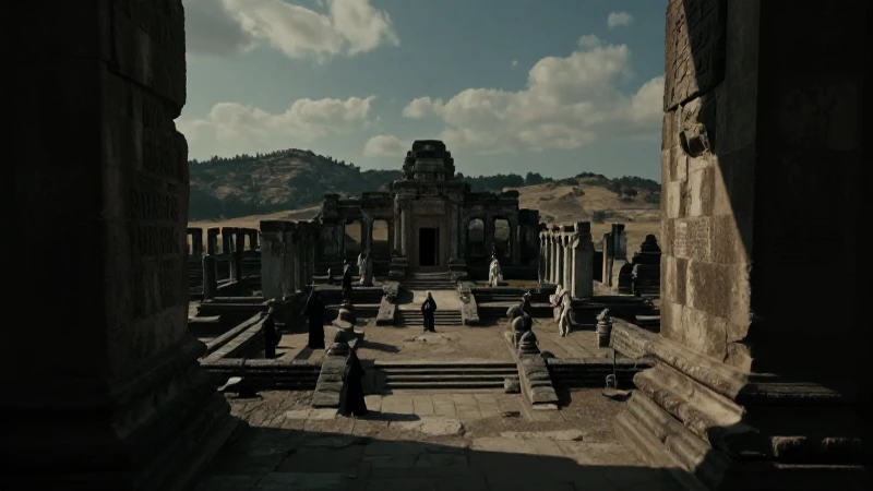 Ruinas dramáticas con sombras, vista cinematográfica