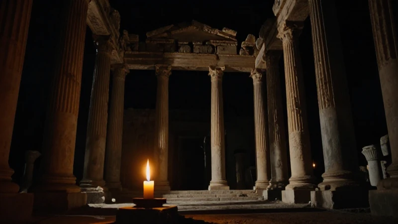 Ruinas antiguas iluminadas por una vela dramática